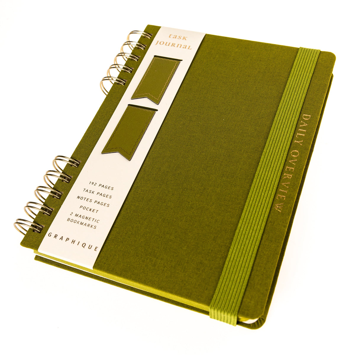 Olive Green Fabric-Bound Task Journal, An olive green fabric task journal with Daily Overview lettered in gold foil down the spine edge.
