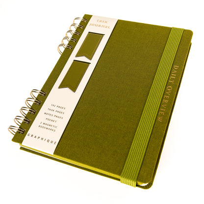 Olive Green Fabric-Bound Task Journal, An olive green fabric task journal with Daily Overview lettered in gold foil down the spine edge.