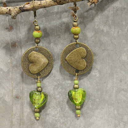 Dropping Hearts & Vintage Green Glass Earrings