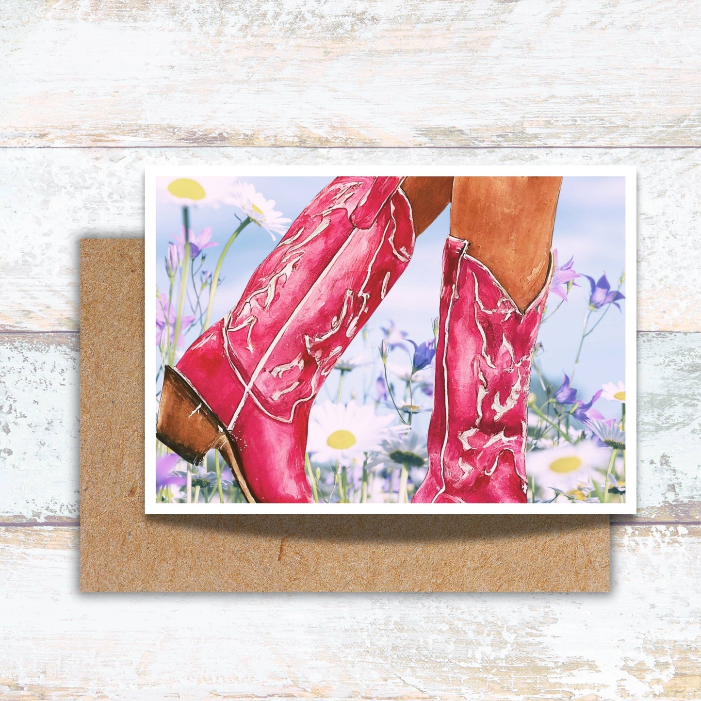 Pink Cowgirl Boots in a Daisy Field Boho Greeting Card