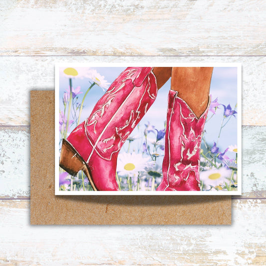 Pink Cowgirl Boots in a Daisy Field Boho Greeting Card