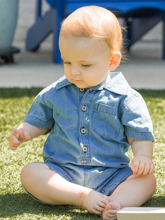 Baby Boys Light Wash Denim Button-Up Romper: Blue / 18-24m