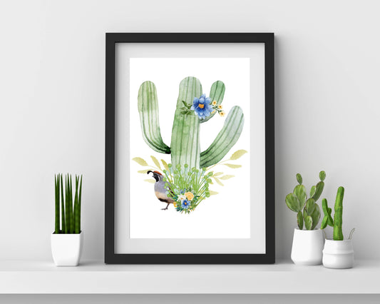 Desert Quail & Cactus Art Print with Blue Florals