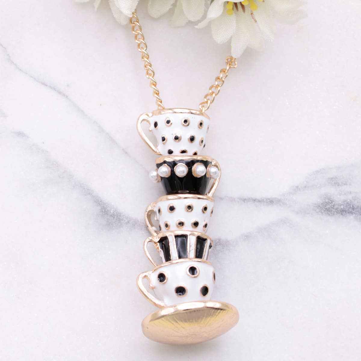 Mad Hatter Black Teacup Stack Gold Necklace