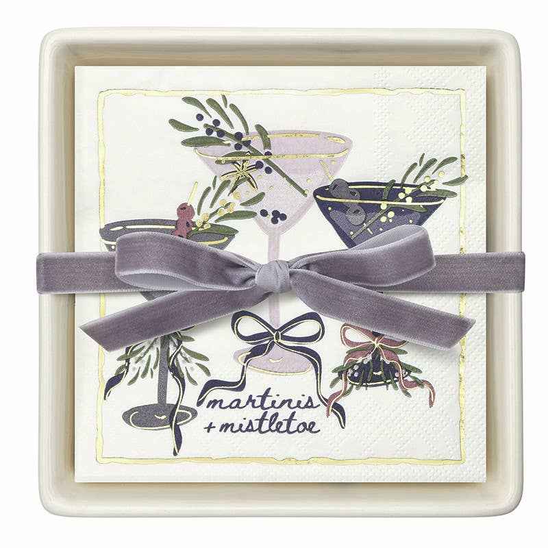 Ceramic Napkin Tray + Napkins - Martinis + Mistletoe