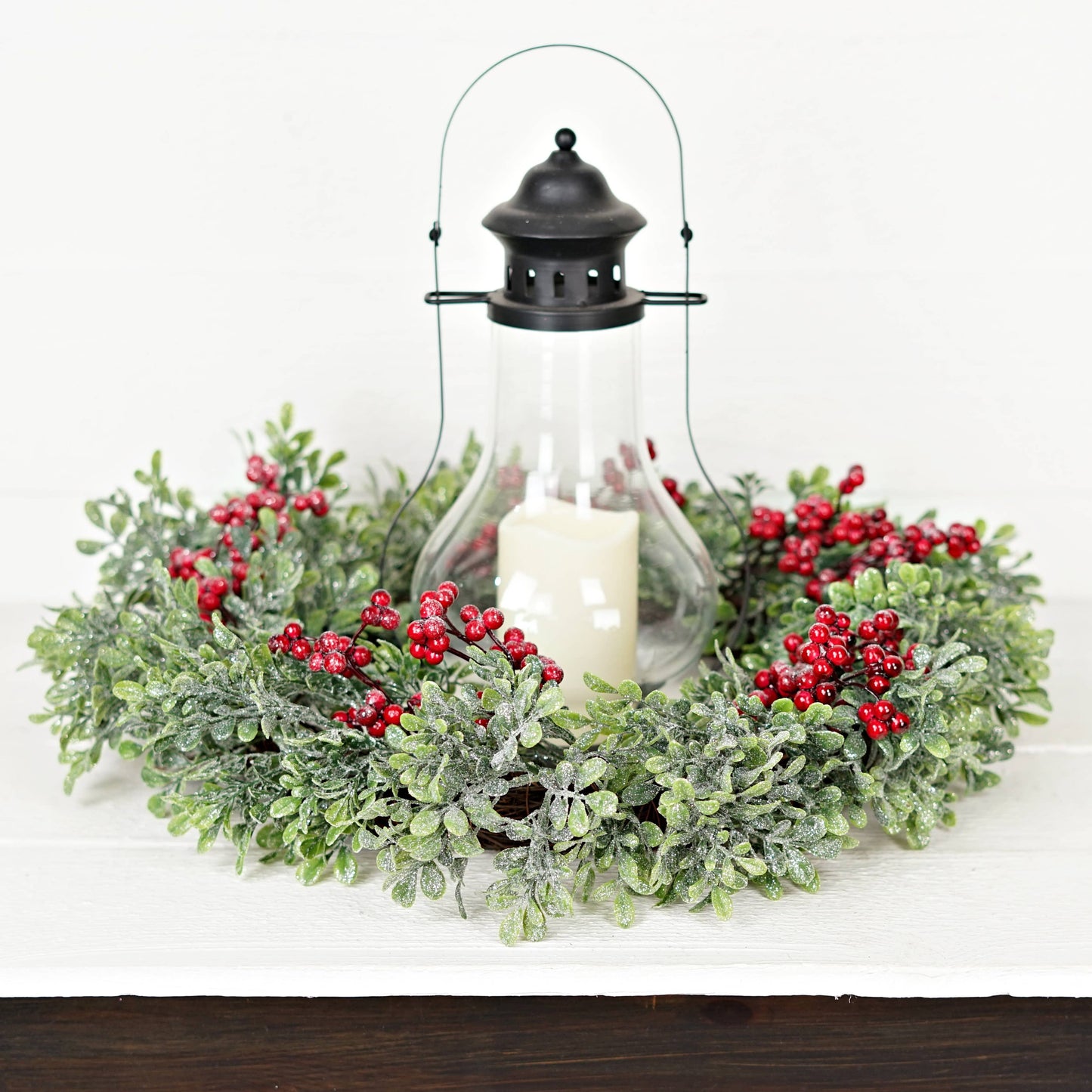 22in Twig Wreath-Icy Sparkle Boxwood with Red