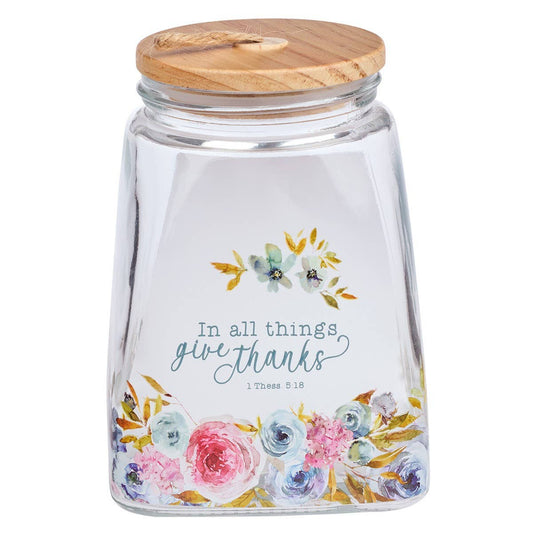 Give Thanks Pink Ranunculus Glass Gratitude Jar with Cards -