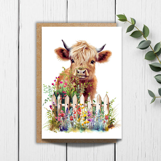 Highland Cow in Widlflowers Watercolor Greeting Card