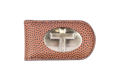 Christian Cross Leather Magnetic Money Clip Wallet: Croc Tan