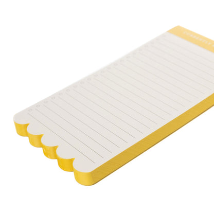 Spiraling Scallop List Pad, A cream list pad with a yellow header reading Currently Spiraling and a scalloped bottom edge.