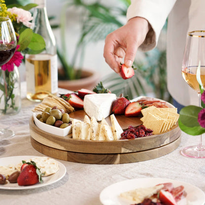 13 inch Rotating Acacia Charcuterie Board w 2 Ceramic Bowls
