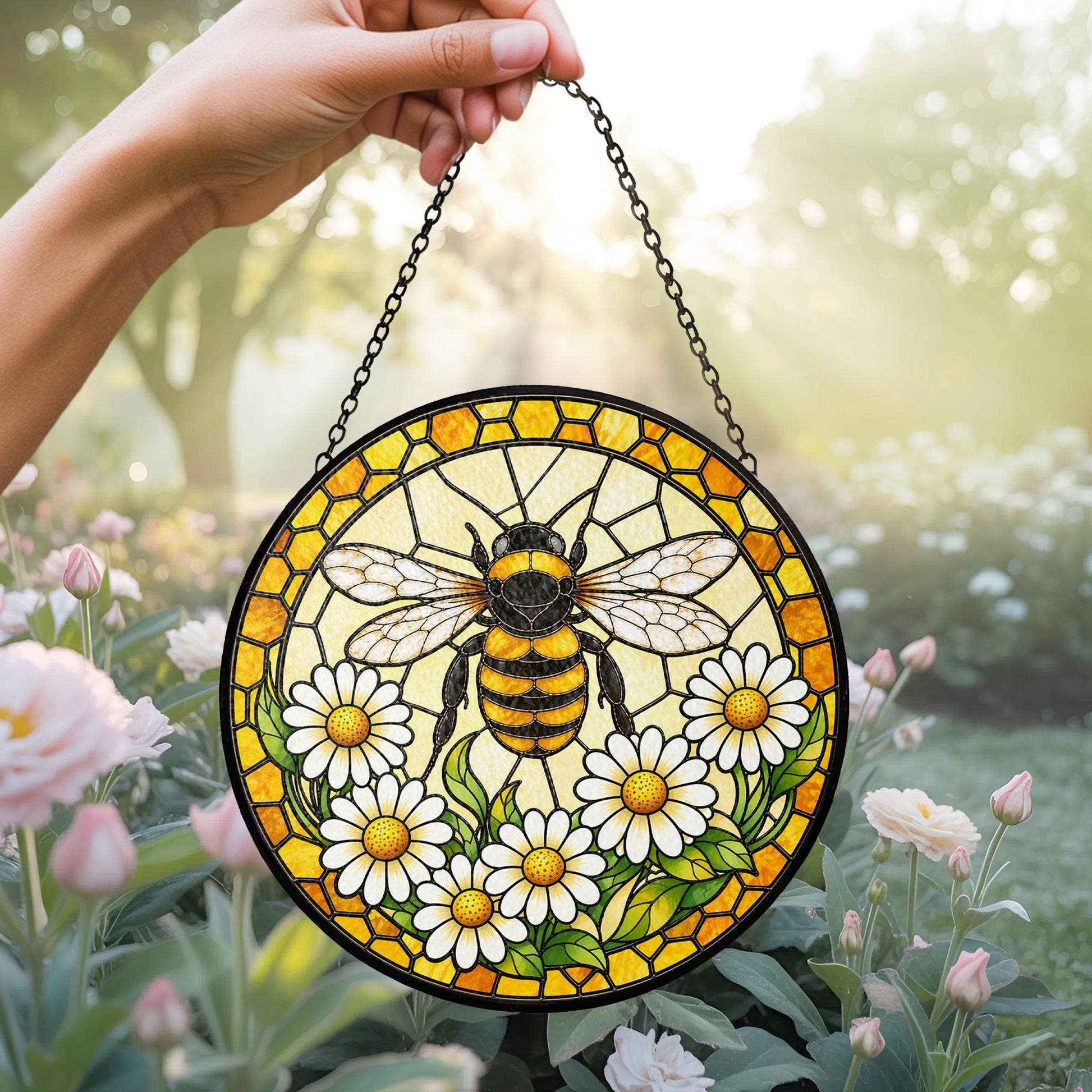 Bee Stained Glass Suncatcher with Daisies, Honey Bee Window