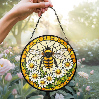 Bee Stained Glass Suncatcher with Daisies, Honey Bee Window