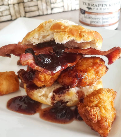 Blueberry Bourbon Pecan Jam, shown in a styled setting