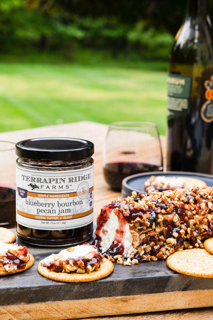 Blueberry Bourbon Pecan Jam, shown in a styled setting