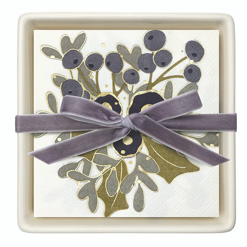 Ceramic Napkin Tray + Napkins - Holly