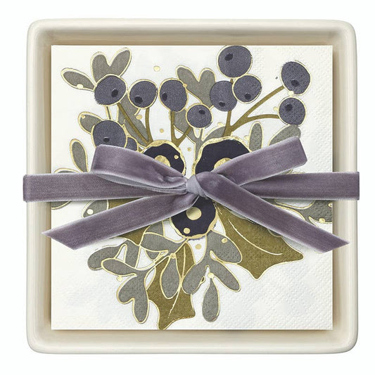 Ceramic Napkin Tray + Napkins - Holly