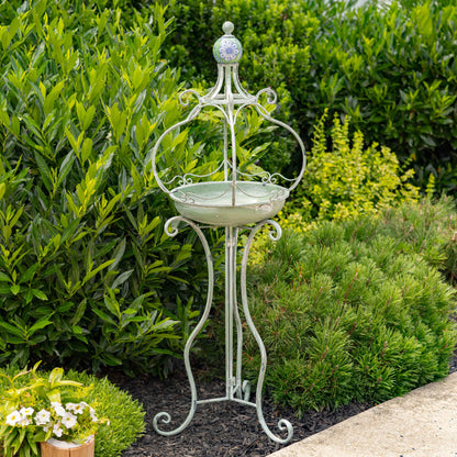 45" Tall Iron Birdbath with Ceramic Sailor Ball Accent: Green
