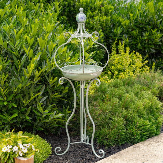 45" Tall Iron Birdbath with Ceramic Sailor Ball Accent: Green