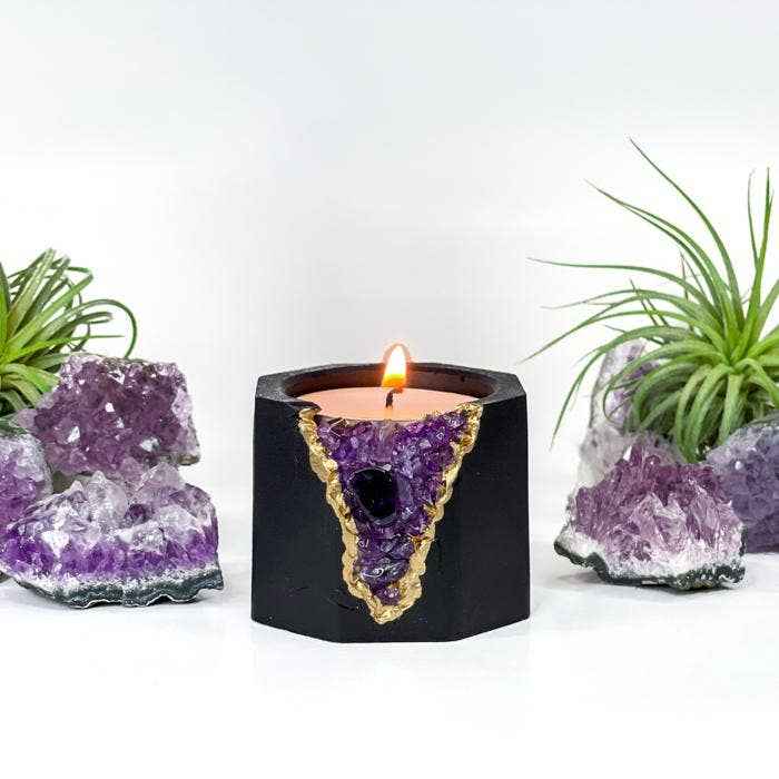 Raw Amethyst Candle Holder | Black, Black Crystal Candle