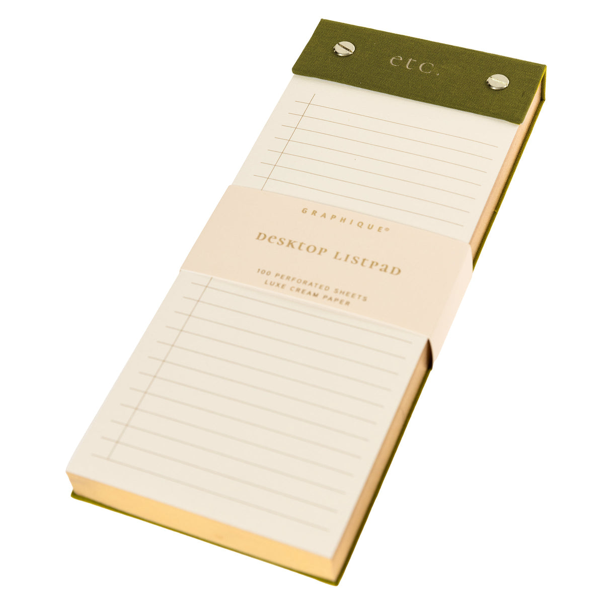 Olive Fabric-Bound Desktop Notepad, An olive green fabric desktop notepad with etc lettered in gold foil and two gold posts at the top.