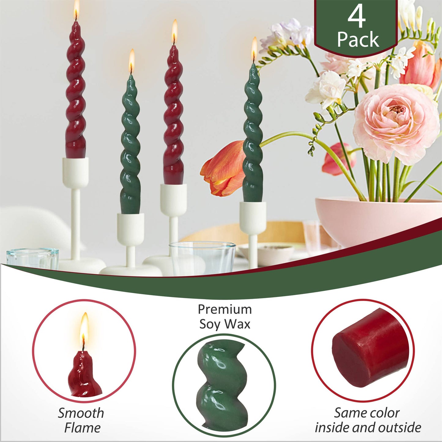 Spiral Christmas Holiday Taper Candles - set of 4