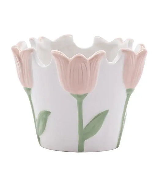 White/Pink Tulip Planter -Spring