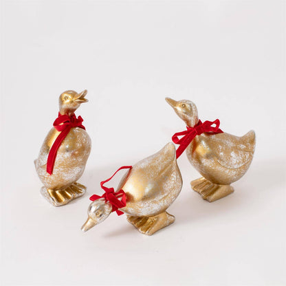 Gold Christmas Ducks With Red Bows  Set of 3 Assorted