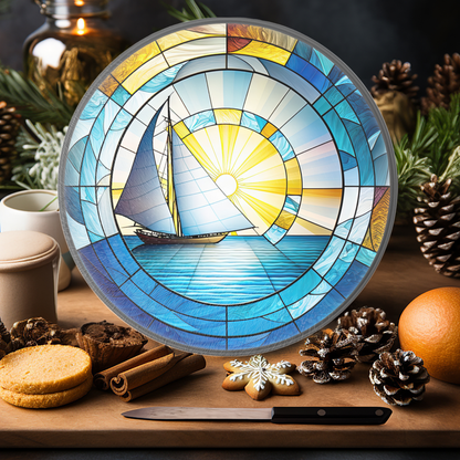 Tempered Glass Cutting Board: Sailboat Nautical Serving Tray: 12 - Inch