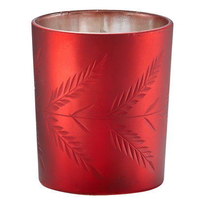 Sprig Etched Tealight Holder Red Glass Christmas