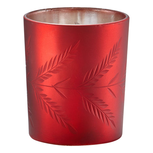 Sprig Etched Tealight Holder Red Glass Christmas