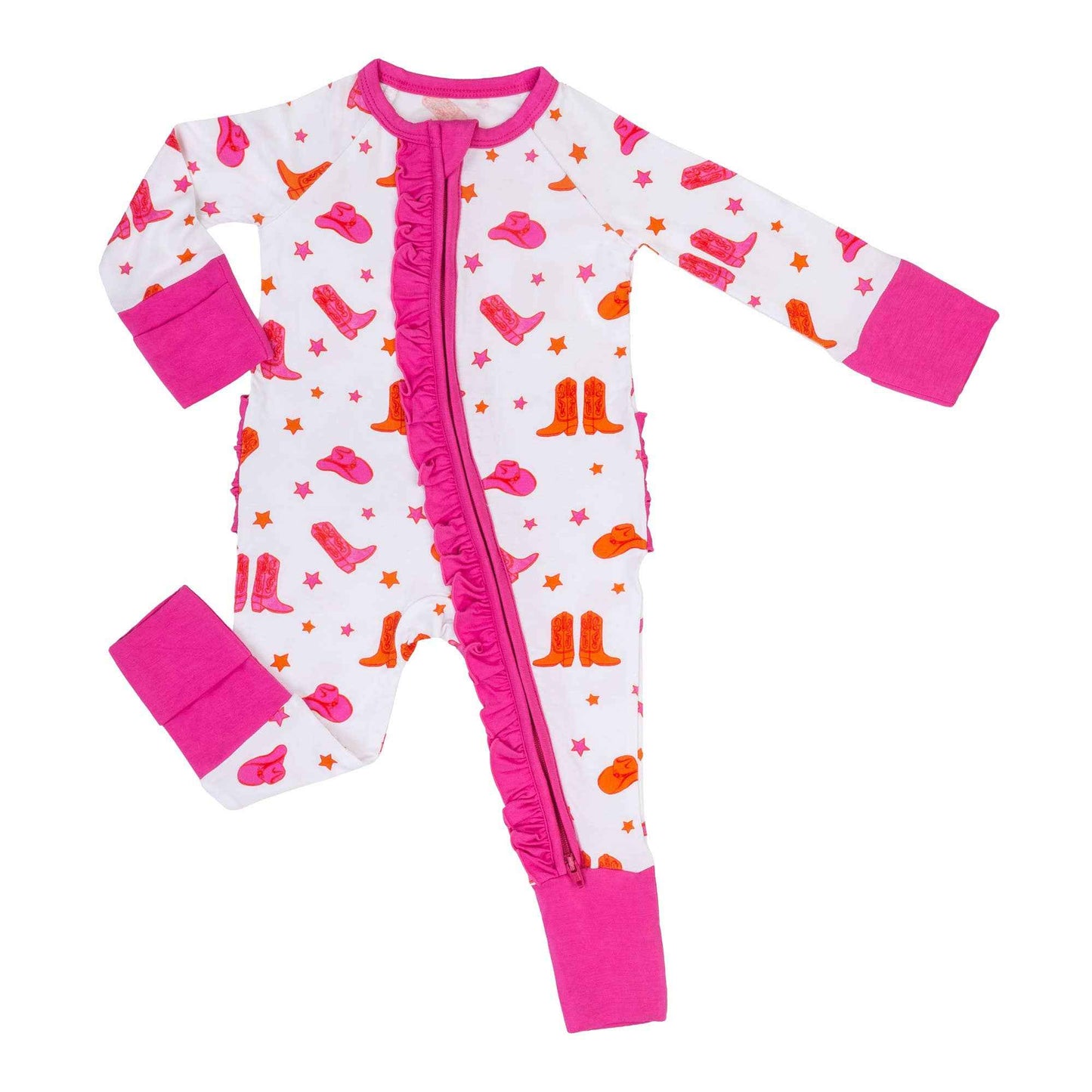 LollyBanks - Bamboo Baby Convertible Ruffle Zipper Pajamas - Cowgirl Boot