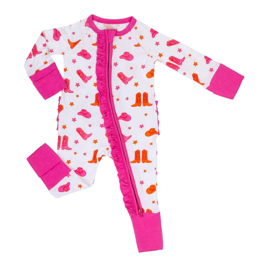 LollyBanks - Bamboo Baby Convertible Ruffle Zipper Pajamas - Cowgirl Boot