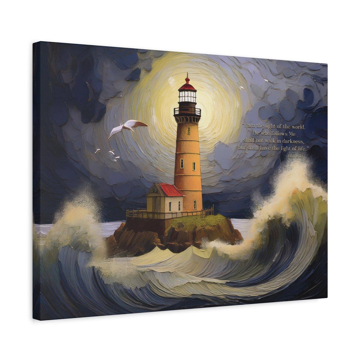Olive Branch Farmhouse - Christian Lighthouse Canvas Art with John 8:12 Verse
