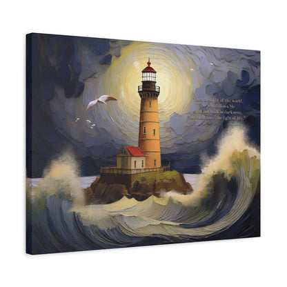 Olive Branch Farmhouse - Christian Lighthouse Canvas Art with John 8:12 Verse