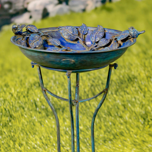 30.7" Tall Round Iron Birdbath with Rose & Bird Accents