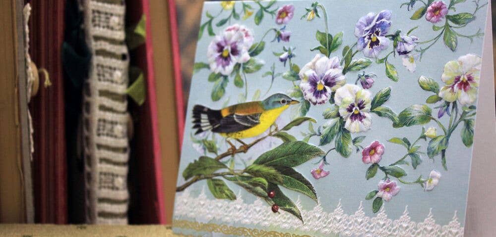 Pansies & Warbler Embossed Die-cut Boxed Portfolio Note Card