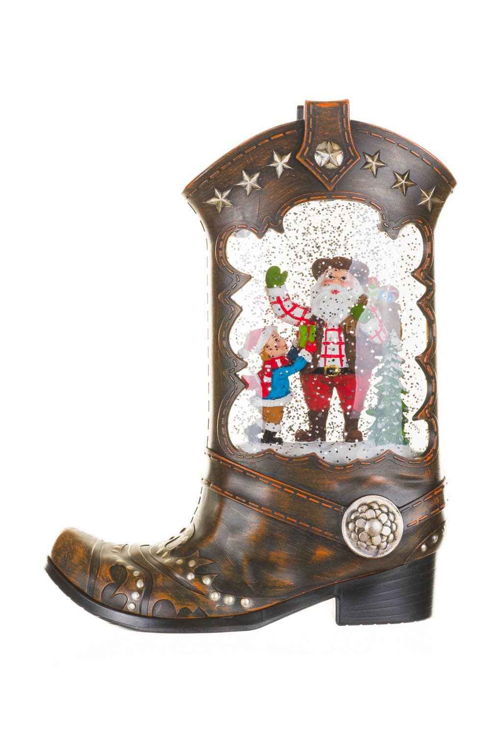 Brown Led Cowboy Boot Snow Globe W/ Rancher Santa Claus