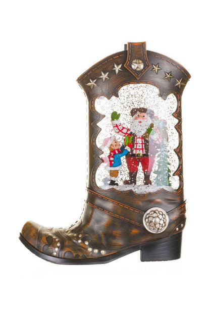 Brown Led Cowboy Boot Snow Globe W/ Rancher Santa Claus