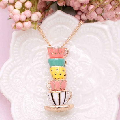 Mad Hatter Pastel Teacup Stack Gold Necklace