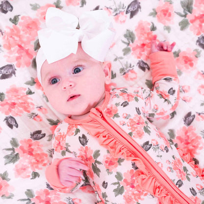 LollyBanks - Bamboo Baby Convertible Ruffle Zipper Pajamas - Peony Floral