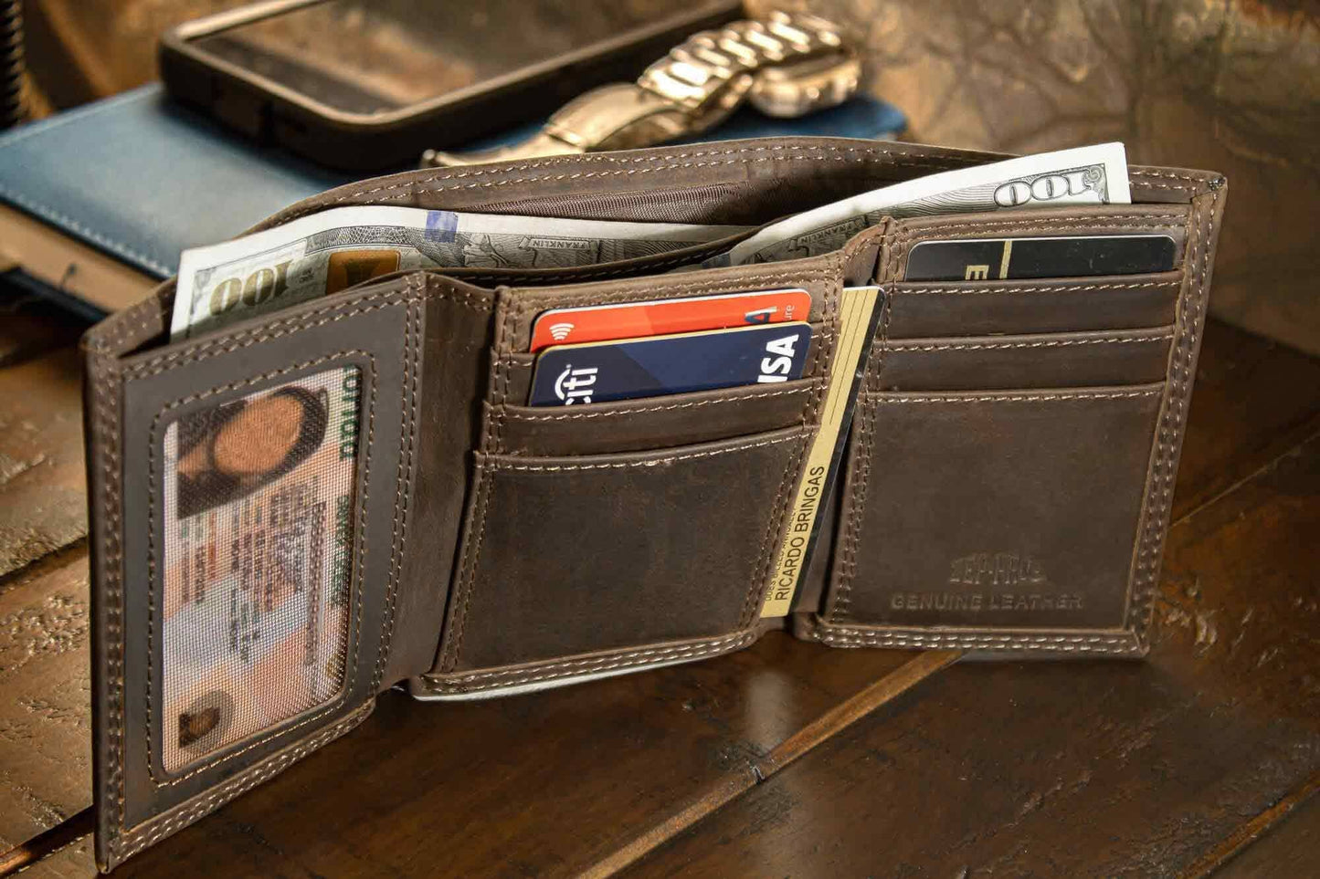 Christian Cross Leather Trifold Wallet: Crazyhorse Brown