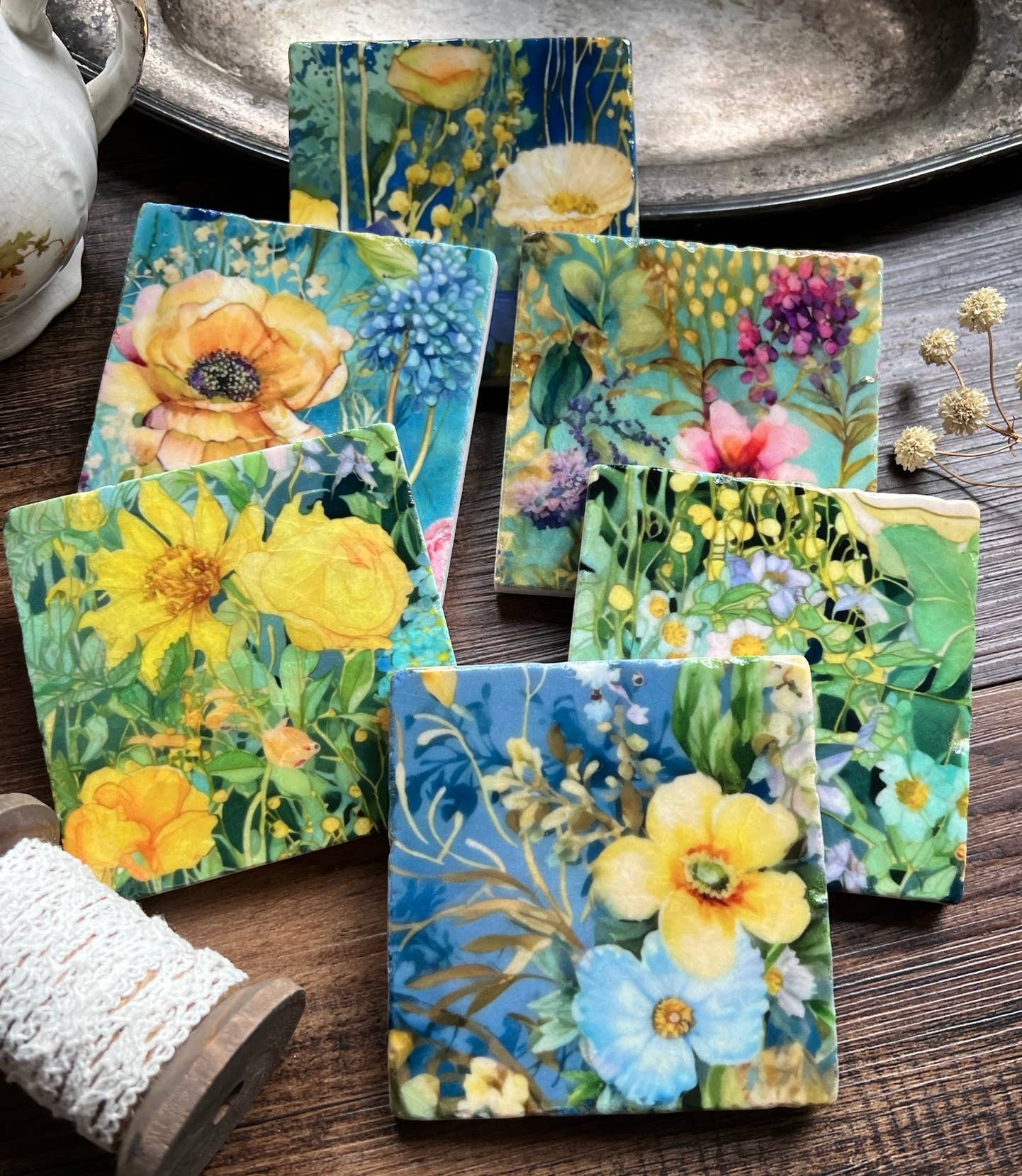 Posavasos de piedra The Painted Lily - Acuarela Garden Sunshine - caja de 6