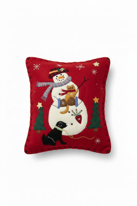 Snowman with cat and dog pillow 8x11