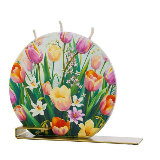 Flat Hand-Crafted 6" Round Candle - Spring Tulips & Flowers