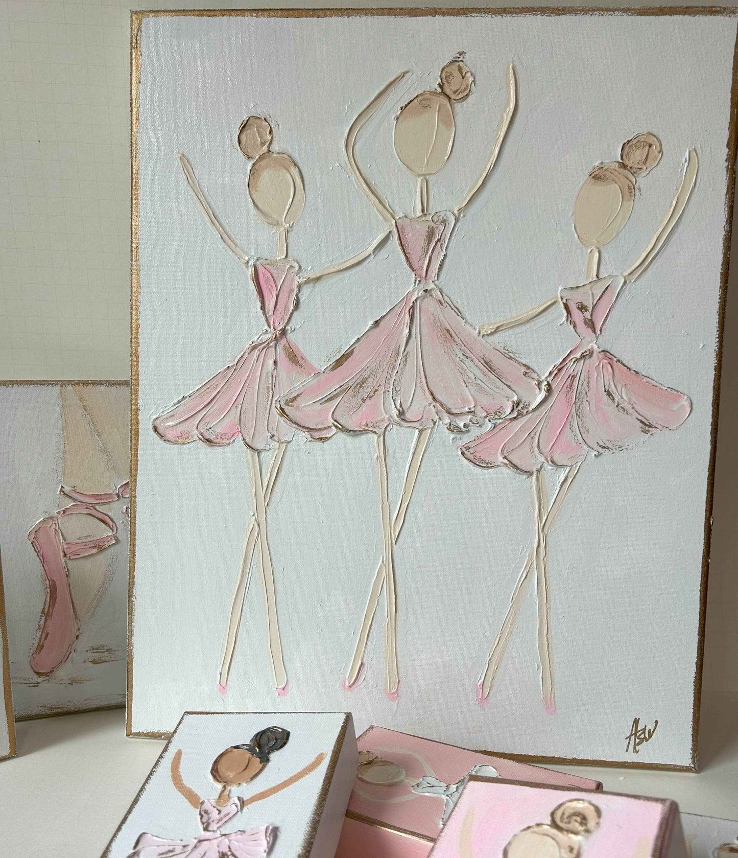 Ballerina Trio | canvas art recital dance ballet nutcracker: White back & pink dress / 11x14-inch standard profile canvas / Light skin & lt. brown hair