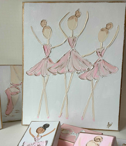 Ballerina Trio | canvas art recital dance ballet nutcracker: White back & pink dress / 11x14-inch standard profile canvas / Light skin & lt. brown hair