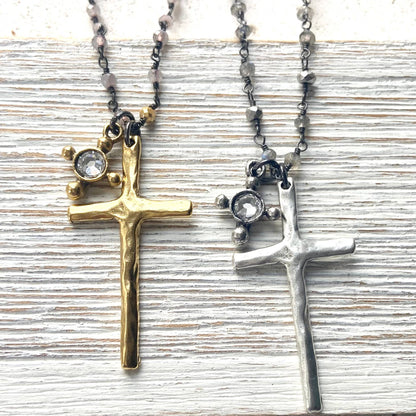 Cross charm necklace pyrite semi precious jewelry