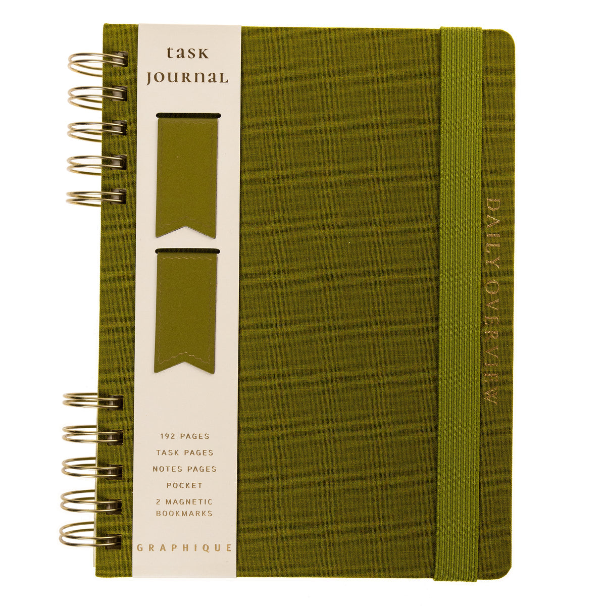 Olive Green Fabric-Bound Task Journal, An olive green fabric task journal with Daily Overview lettered in gold foil down the spine edge.