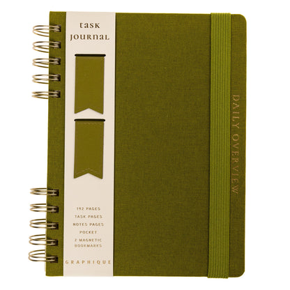 Olive Green Fabric-Bound Task Journal, An olive green fabric task journal with Daily Overview lettered in gold foil down the spine edge.